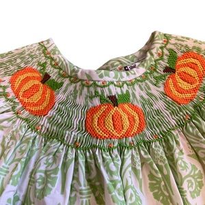 2T Shrimp & Grits Kids Smocked Bishop style Dress with Pumpkins.